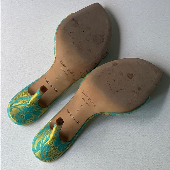 Kate Spade Bow Heel Green Blue Brocade Sandals - Picture 6 of 16
